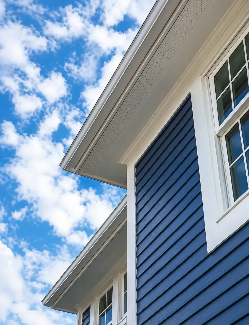 Blue lap siding with white trim and soffit on a home