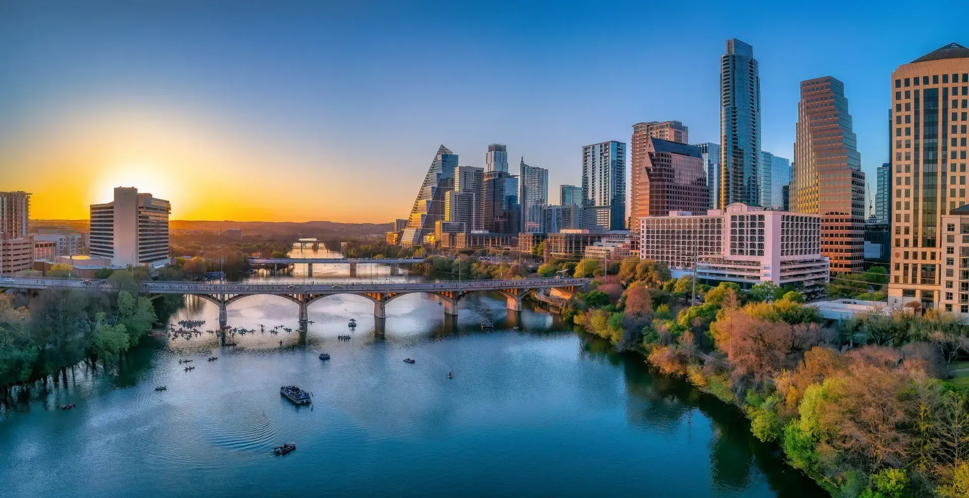 Austin, Texas skyline. The city logged a record 24 hail days in 2025.