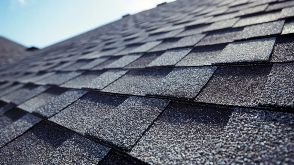 Close-up of an asphalt shingle roof against a bright sky