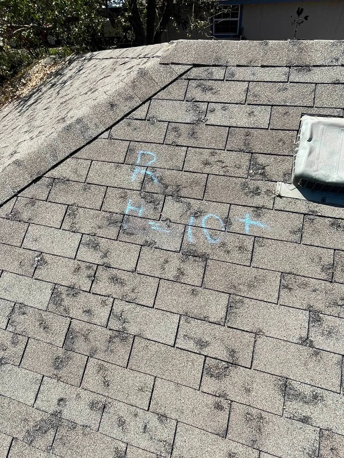 Shingle roof with visible surface marks and blue inspection notes