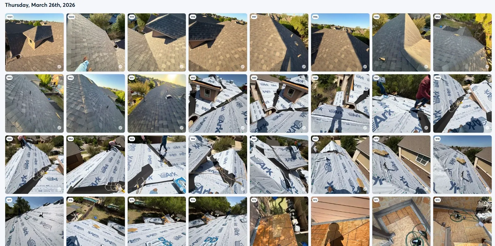 Roof photo log with dated views of shingles, underlayment and installation details